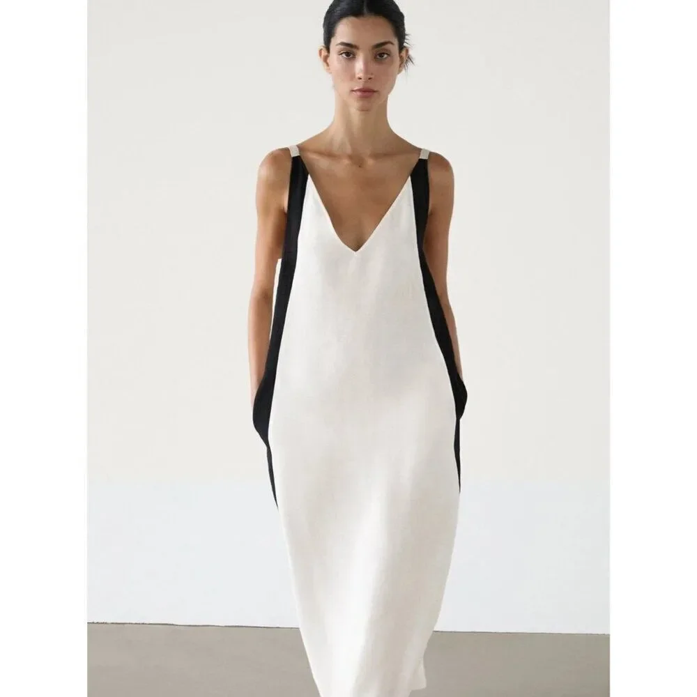 Massimo Dutti Womens Midi Dress XS White Black Linen Sleeveless 6698/231 NWT - Picture 1 of 11